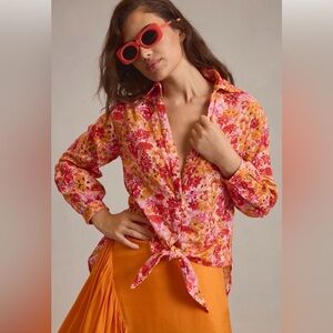 Maeve Anthropologie Floral Tie-Front Button-Up Shirt - Pink & Orange size L